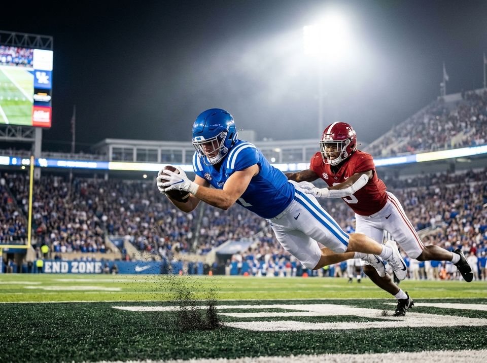 Dramatic 4th Quarter Diving Endzone Catch under Night Stadium Lights