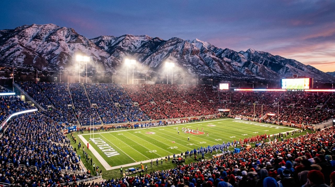 BYU Royal Blue vs Utah Crimson Red Divided Rivalry Stadium in the Wasatch Mountains