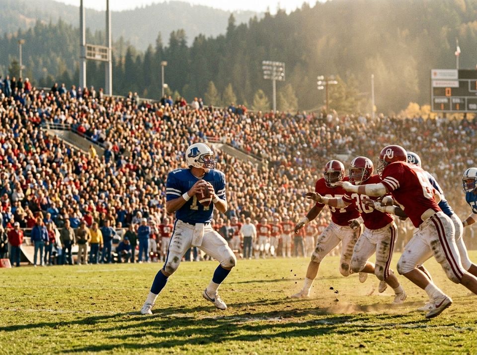 Classic 1980s Era BYU Royal Blue vs Utah Crimson Football Pass Play